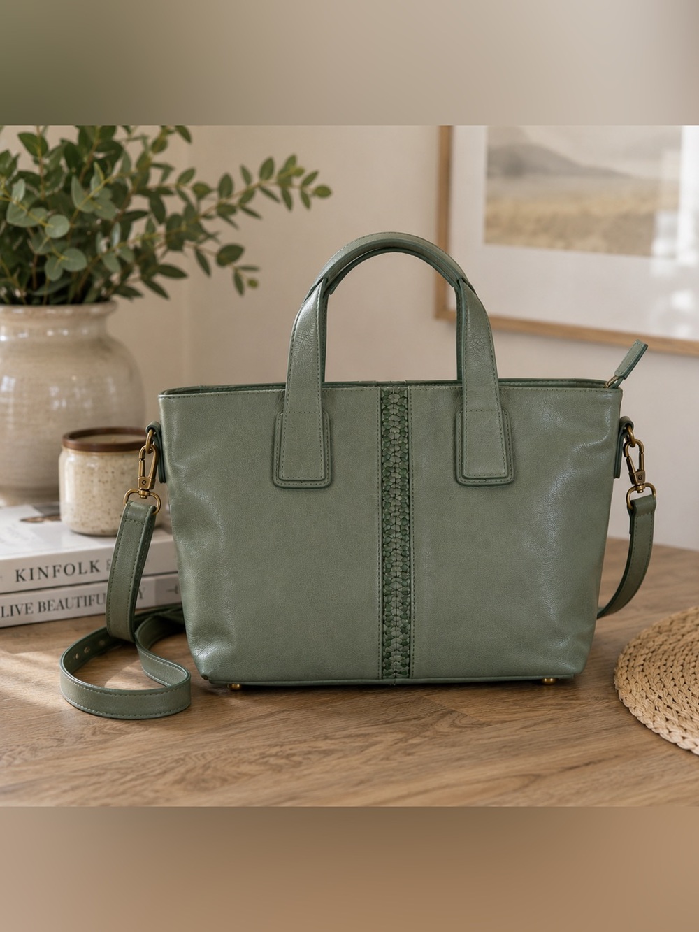 LUX Urbano Braided Satchel Sage Green Genuine Leather RFID Crossbody Tote NWT